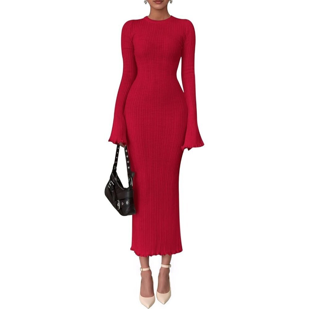 Women's Red Fall Bell Long Sleeve Crew Neck Bodycon Sweater Maxi Dress